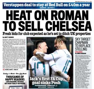 Wednesday's Daily Mail back page: Heat on Roman to sell Chelsea