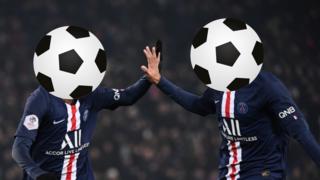 Picture of Neymar and Kylian Mbappe with their faces obscured by a football graphic