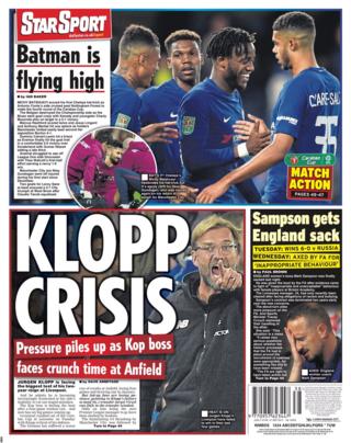 The Star focuses on Liverpool, saying manager Jurgen Klopp is under pressure