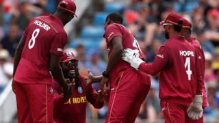 West Indies celebrate an Afghanistan wicket at Headingley