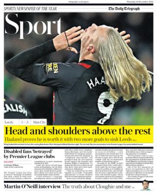Thursday's Telegraph back page with a picture of Erling Haaland flicking his hair and the words 'He's head and shoulders above the rest'