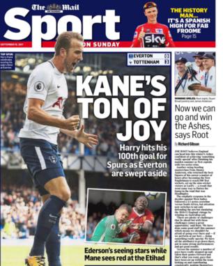 The Mail on Sunday focuses on Harry Kane bringing up his 100th and 101st goals for Tottenham