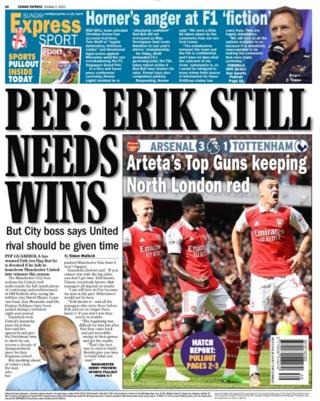 Sunday's Express back page with the headline 'Pep: Erik still needs wins'