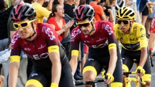 Geraint Thomas leads Team Ineos at last year's Tour