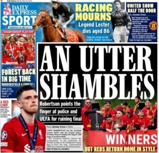 Many of Monday's papers focus on the scenes before and after Liverpool's Champions League final defeat