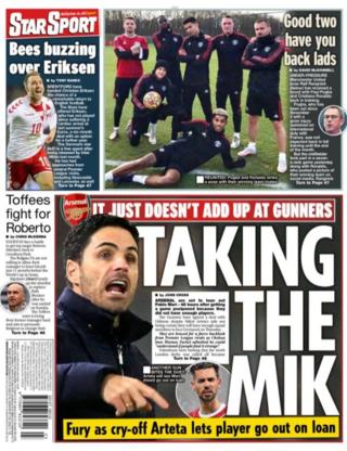Tuesday's Star back page with the headline 'Taking the Mik' and a picture of Mikel Arteta