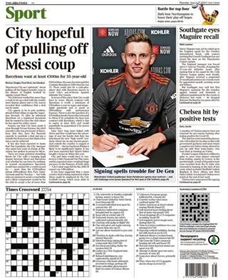 Thursday's Times back page with the headline City hopeful of pulling off Messi coup