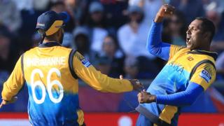 Sri Lanka celebrate the wicket of Nicholas Pooran