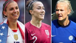Alex Morgan (left), Lucy Bronze (centre) and Pernille Harder