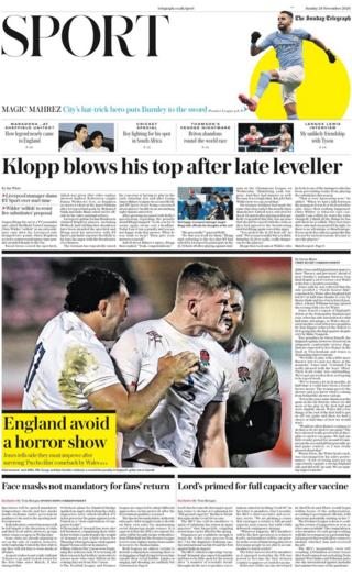 The front page of the Sunday Telegraph sport section