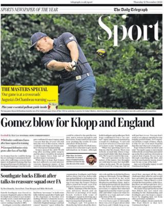 The front page of the Daily Telegraph sport section