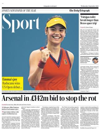 The front page of the Daily Telegraph sports section