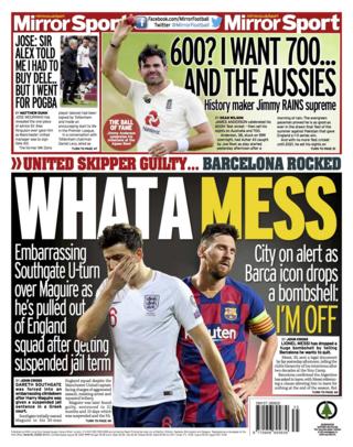 Wednesday's Mirror back page with the headline 'What a Mess' and a picture of Lionel Messi