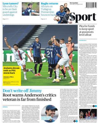 Thursdays Guardian focuses on Paris St-Germain's win over Atalanta