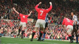 Steve Bruce (left) celebrates after heading the winner for Manchester United against Sheffield Wednesday in 1993