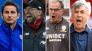 Chelsea manager Frank Lampard (left), Liverpool boss Jurgen Klopp, Leeds boss Marcelo Bielsa and Everton boss Carlo Ancelotti