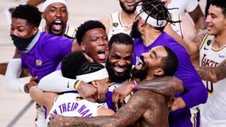 LeBron James celebrating LA Lakers NBA Finals win