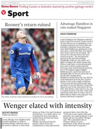 The Independent's sport pages lead with Rooney's unhappy return to Old Trafford