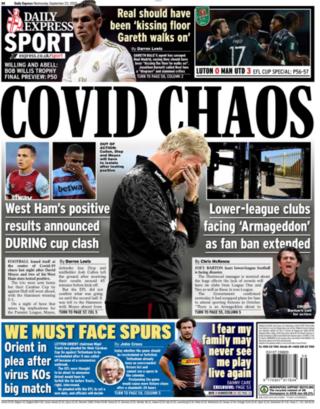 News of three positive Covid-19 tests at West Ham is the focus of the back page of the Express