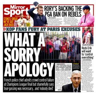 Friday's Mirror back page with the headline 'what a sorry apology'