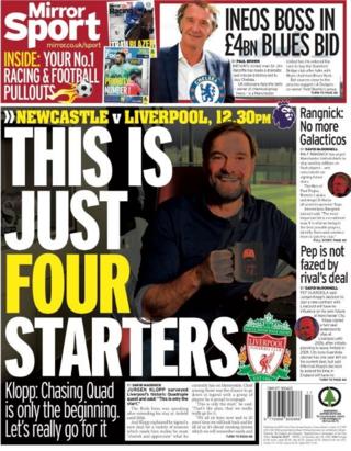 Saturday's Mirror features Liverpool boss Jurgen Klopp as its lead