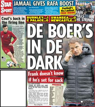 The Daily Star leads on Frank de Boer's future and claims Liverpool will recall Philippe Coutinho in midweek