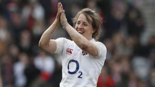 Katy Daley-McLean celebrates after England beat Wales in March