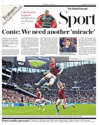 Monday's Telegraph back page with the headline 'Conte: We need another miracle'