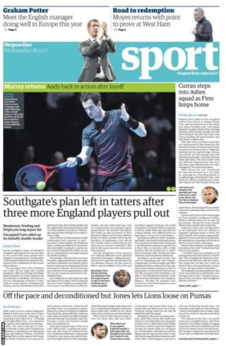 The Guardian back page includes Gareth Southgate's dilemma after three more England players withdraw