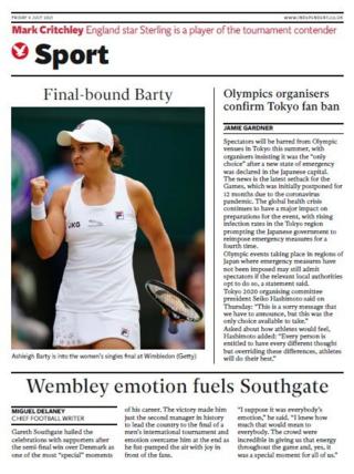 The front sport page of The Independent