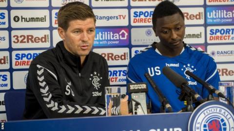 Rangers manager Steven Gerrard and new signing Umar Sadiq