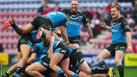 Hull FC celebrate after Marc Sneyd kicks a match-winning drop-goal