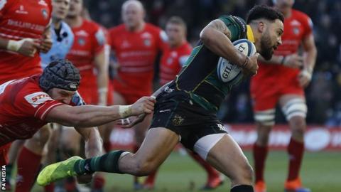 Matt Proctor scores Northampton's first try against Leicester