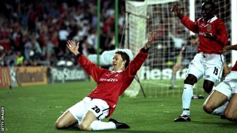 Ole Gunnar Solskjaer celebrates goal in 1999 Champions League final