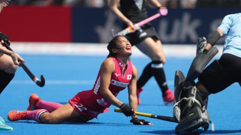 London, England, 24 July: Motomi Kawamura of Japan looks dejected after her shot goes wide during the FIH Women's Hockey World Cup Pool D game against New Zealand at Lee Valley Hockey and Tennis Centre. (Photo by Christopher Lee/Getty Images)