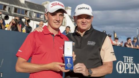 Sam Locke alongside Paul Lawrie with the Open Championship Silver Medal