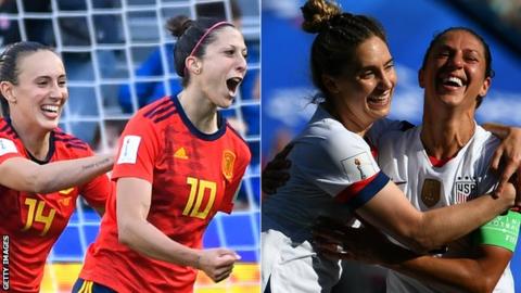 Spain players celebrate (left) and USA players celebrate (right)