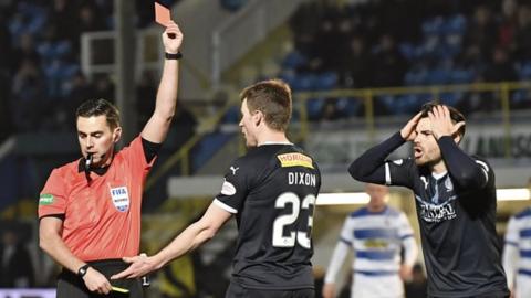 Falkirk's Paul Dixon is sent off after bringing down Greg Kiltie