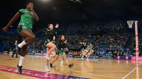 Perth, Australia, 28 July: The Fever warm up before their Super Netball match against the Vixens at Perth Arena. (Photo by Paul Kane/Getty Images)