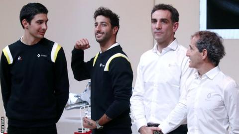 (left to right) Esteban Ocon, Daniel Ricciardo, managing director Cyril Abiteboul and former F1 champion Alain Prost