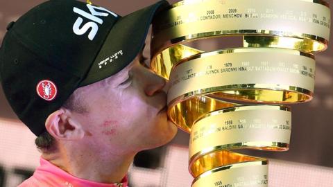 Chris Froome celebrates winning the 2018 Giro d'Italia