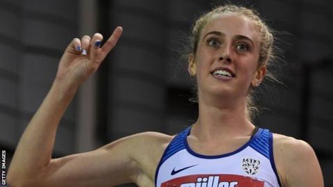 Britain's Jemma Reekie celebrates after taking first place during the women's 1500m final at the Indoor Grand Prix in Glasgow
