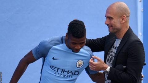 Kelechi Iheanacho (left) with Pep Guardiola