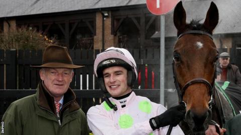 Willie Mullins with his nephew, winning jockey Danny Mullins after Saldier's victory at Punchestown