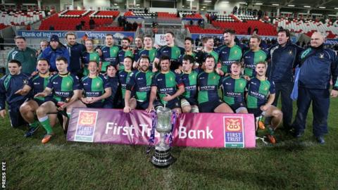 The Ballynahinch squad celebrate after retaining the Ulster Senior Cup