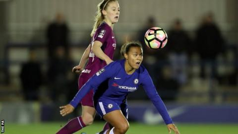 Drew Spence and Keira Walsh challenge during Chelsea against Manchester City