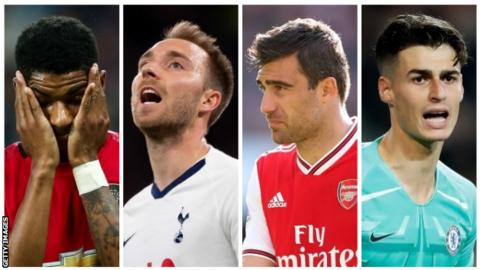 Man Utd striker Marcus Rashford, Tottenham midfielder Christian Eriksen, Arsenal defender Sokratis and Chelsea goalkeeper Kepa Arrizabalaga