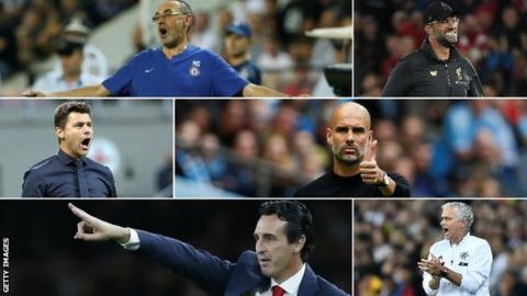 Maurizio Sarri, Jurgen Klopp, Mauricio Pochettion, Pep Guardiola, Unai Emery and Jose Mourinho