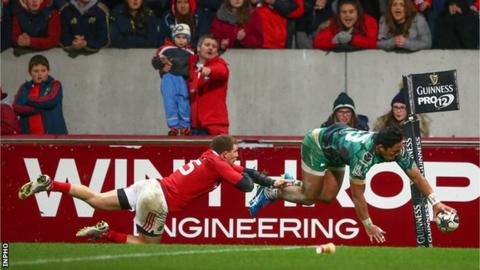 Andrew Conway fails to stop Bundee Aki going over for a late Connacht try