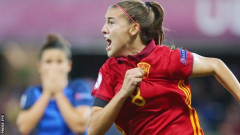 Patricia Guijarro celebrates after scoring the late winner for Spain in the Belfast final against France